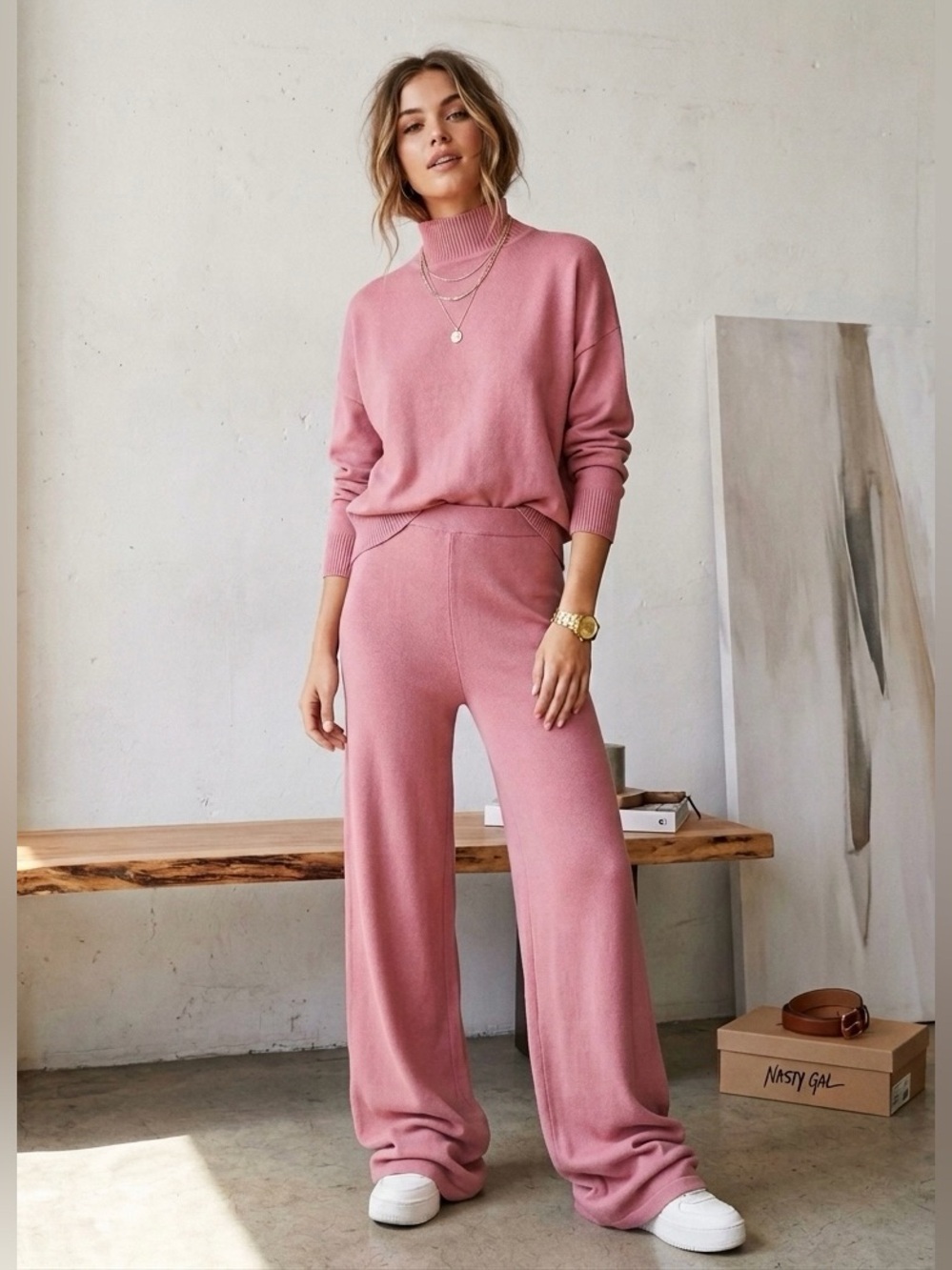 Nasty Gal Pink Wide Leg Knit Sweater Set Small